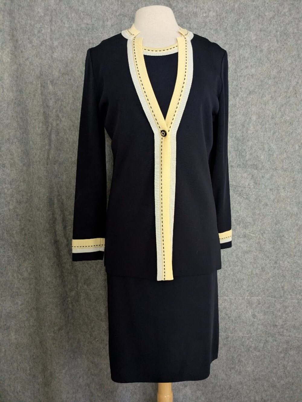 VTG MISOOK Navy Daffodil Yellow Knit Set Jacket+Shell+ Skirt Size Small